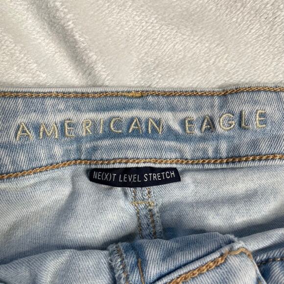 AMERICAN EAGLE Super Hi Rise Shortie 12 Denim Jean Shorts Blue Distressed - Picture 3 of 5